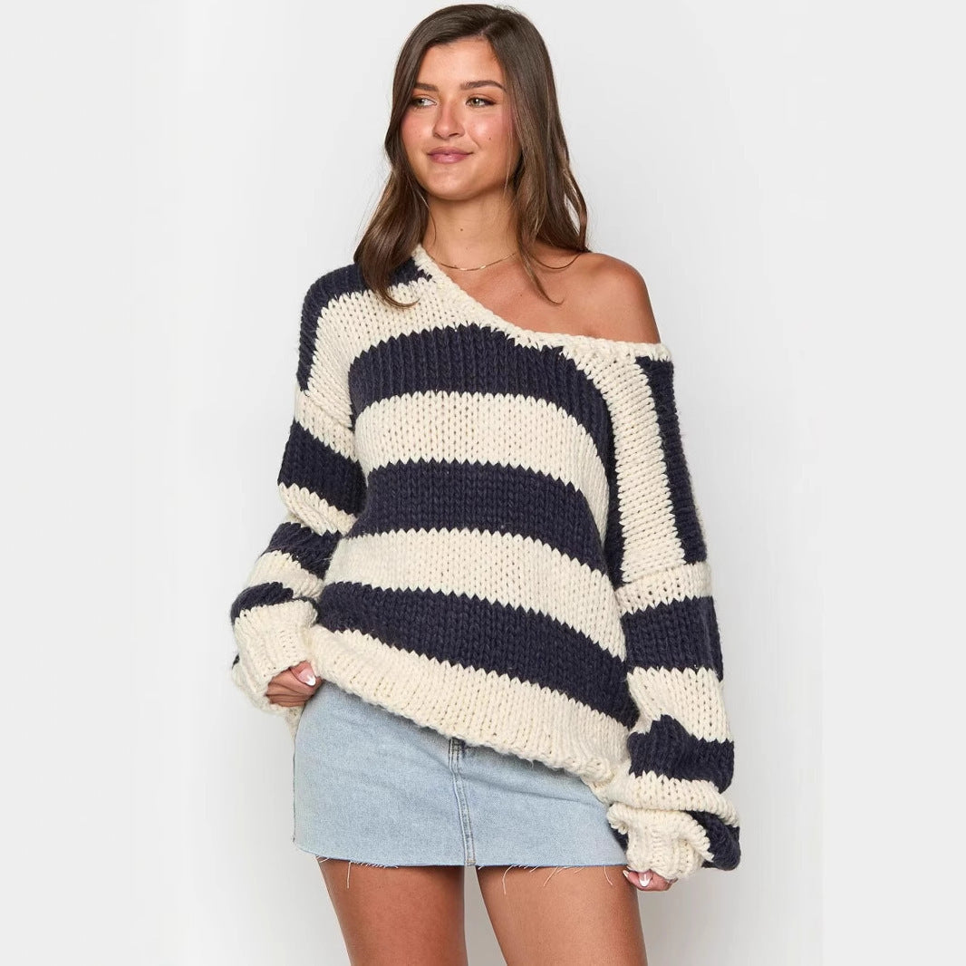 Fall and Winter Fashion Casual Loose Knitted Sweater – Oblique Shoulder Design