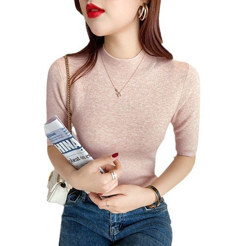 Solid Color Mock-Neck Mid-Length Sleeve Tight-Fitting Bottoming Shirt for Women