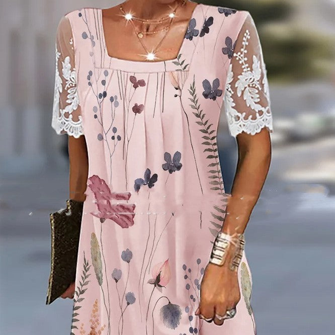 Square Collar Lace Casual Floral Print Loose Dress