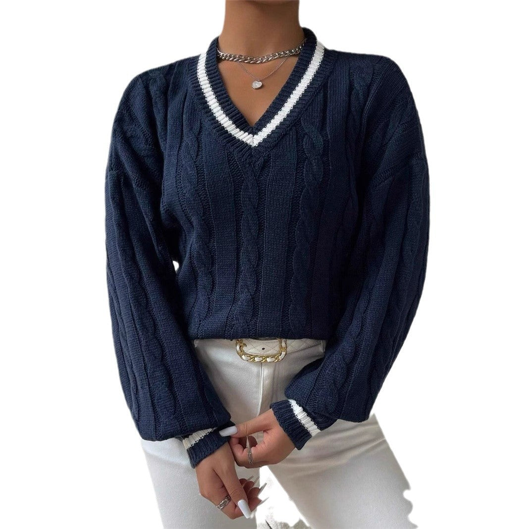 Autumn and Winter Contrast Color Twisted V-Neck Loose Women's Sweater