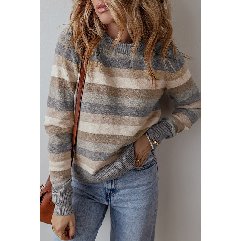 Pullover Round Neck Long Sleeve Women's Casual Color-Block Printed Sweater