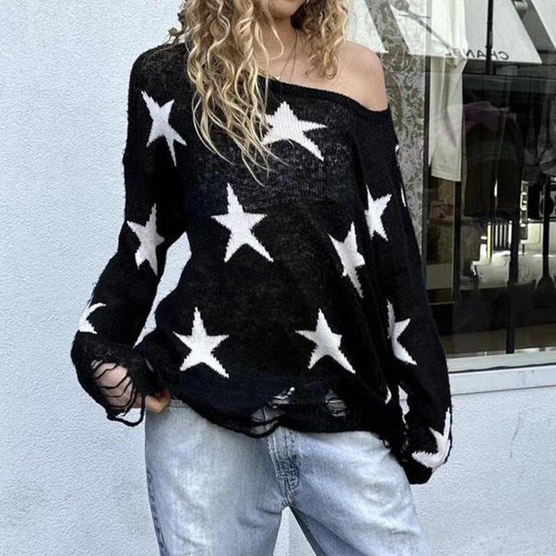 European and American Style Streetwear Hot Girl Ripped Sweater with Five-Pointed Star Design