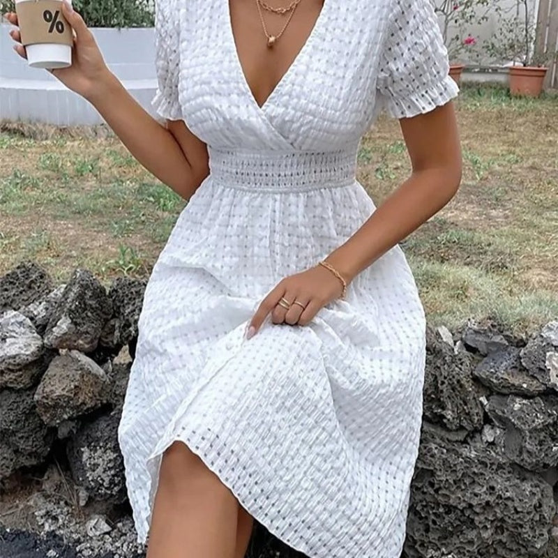 White Deep V-Neck Waffle Knit Bohemian Dress