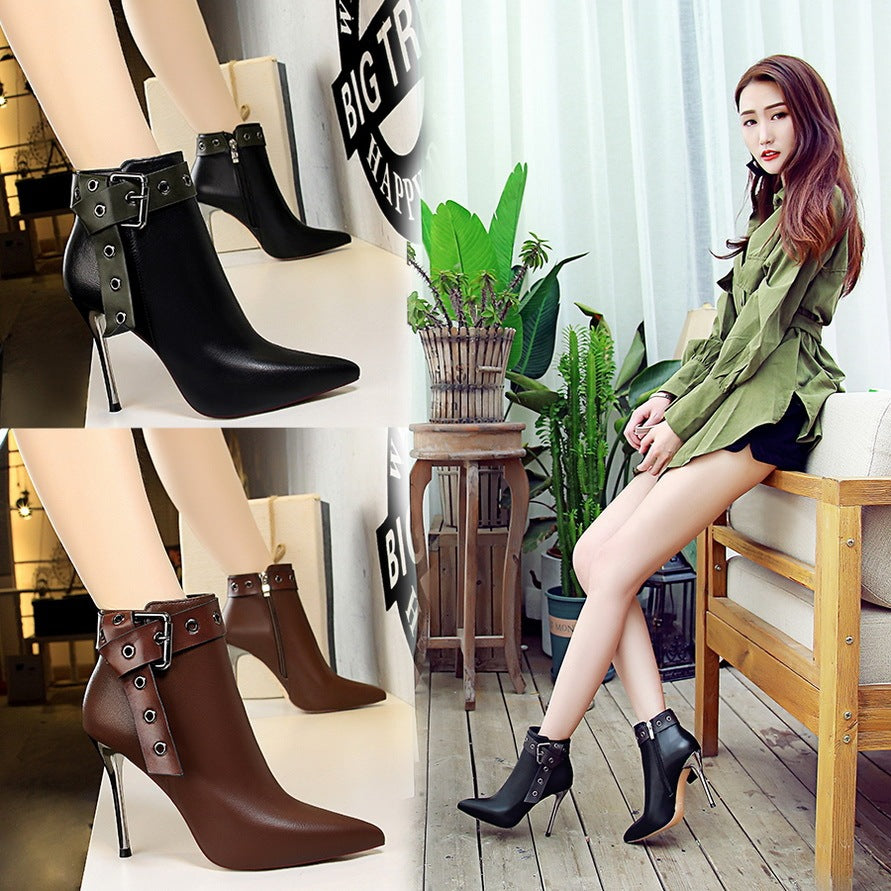 Pointed-Toe Studded Buckle Ankle Boots