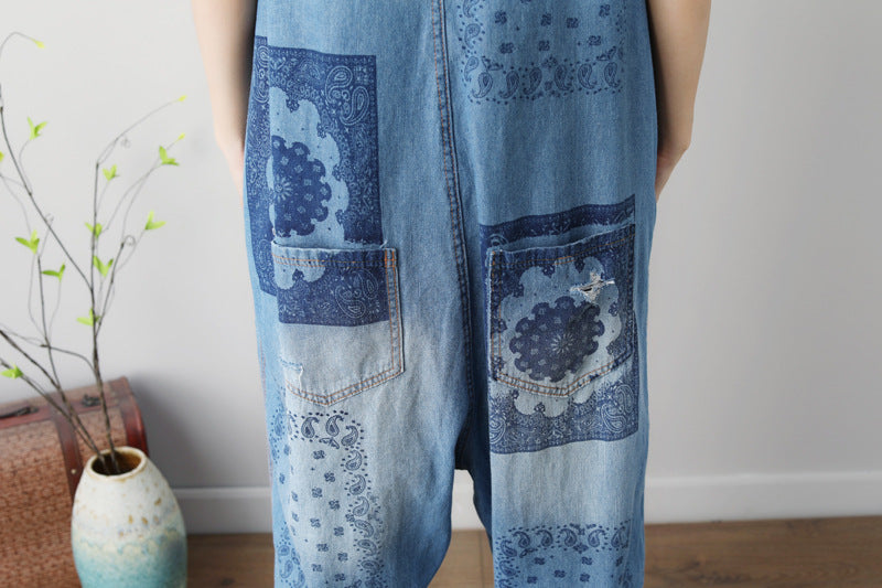 Sleeveless Plus Size Washed Printed Ripped Denim Overalls