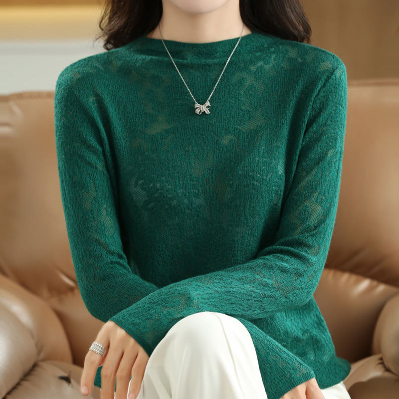 Women's Fashionable Half Turtleneck Hollow-Out Sweater, Loose-Fit Pullover Knit