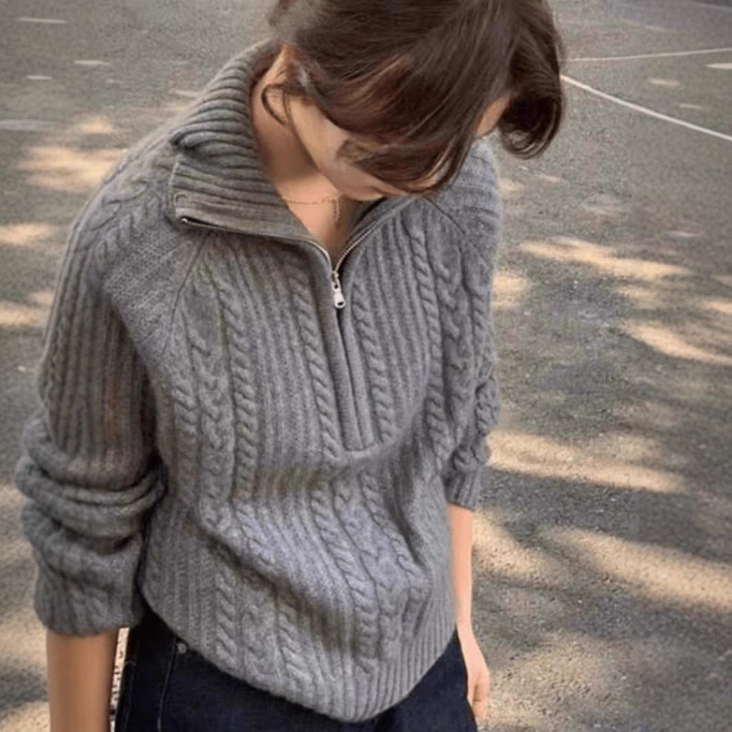 Elegant Lapel Twist Design Loose Casual Sweater for Women