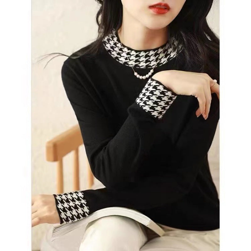 Women's Fashion Houndstooth Stitching Long-Sleeve Sweater