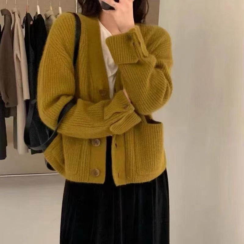 V-Neck Soft Knit Single-Breasted Loose Sweater Coat