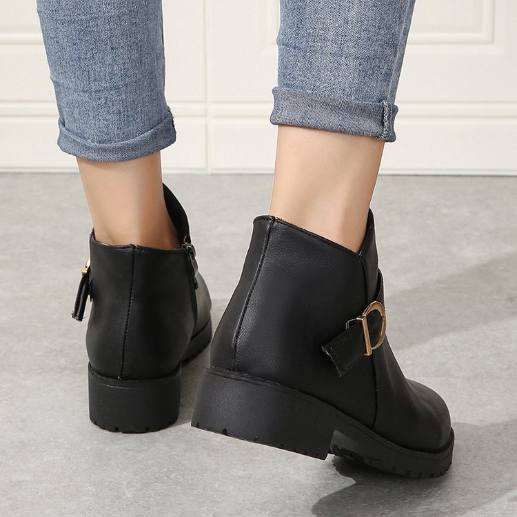 Short Leather Boots with Belt Buckle, Zipper, and Chunky Heel