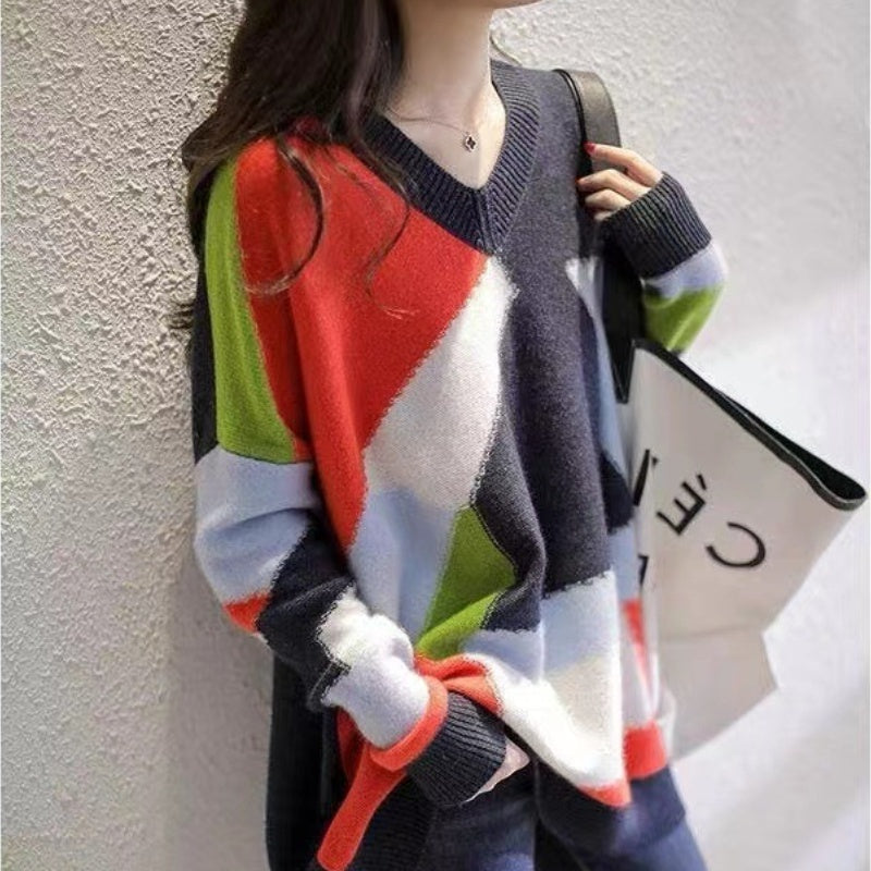 Women's V-Neck Knitted Sweater in Rainbow Colors – Casual Style