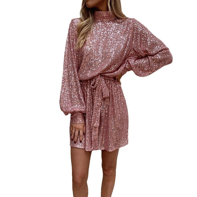 Gold Slim-Fit Tie-Waist Dress with Long Sleeves