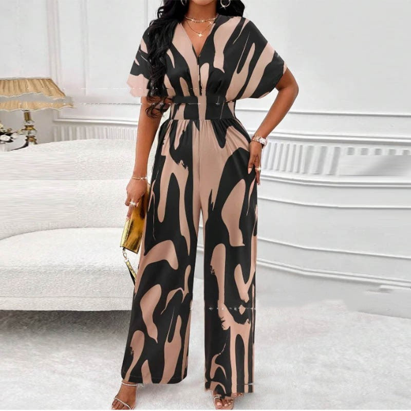 V-Neck Loose-Fit Printed Long Jumpsuit