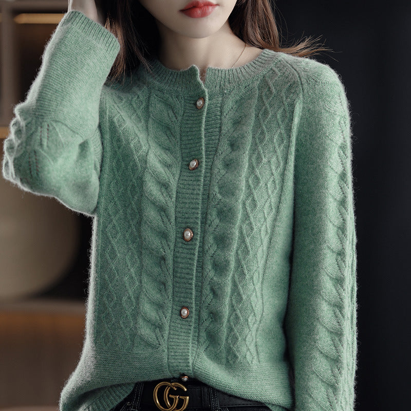 Women's Round Neck Pure Wool Knit Cardigan – Long Sleeve, Casual and Simple Design