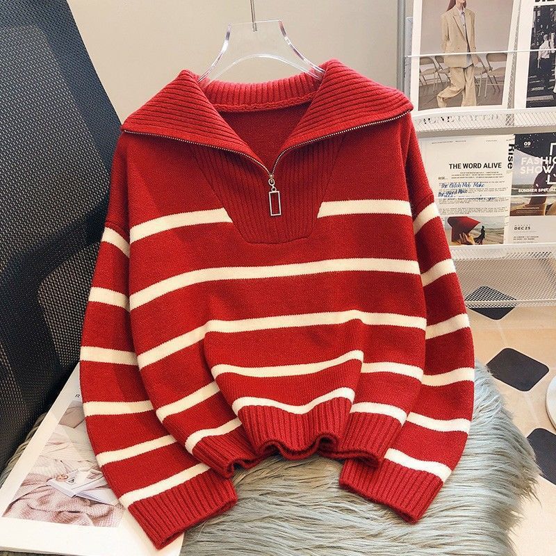 Women's Zippered Contrast Color Striped Sweater