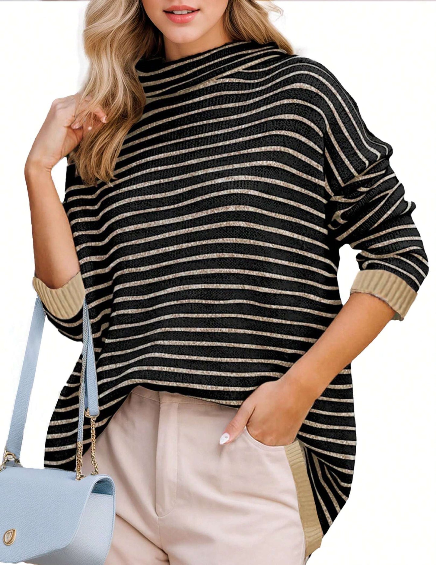 Hoteel Oversized Striped Turtleneck Sweater for Women – Long Sleeve Knit Tunic Jumper Top for Fall