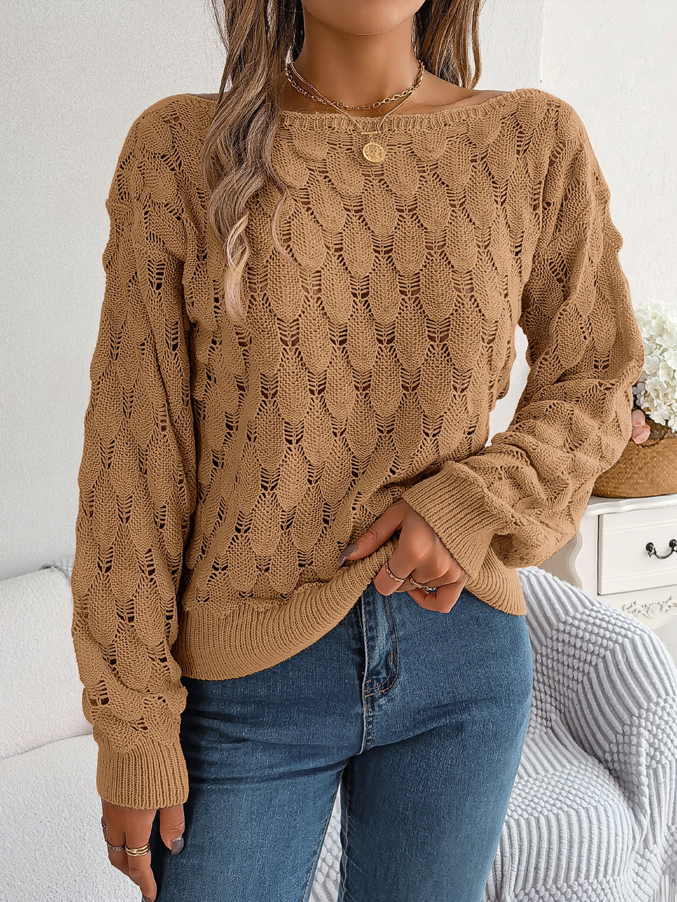 Hollow-Out Off-Shoulder Sweater with Off-Neck and Lantern Sleeves