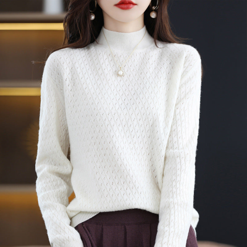 Pure Wool Women's Half-Turtleneck Knitted Sweater - Bottoming Shirt Style