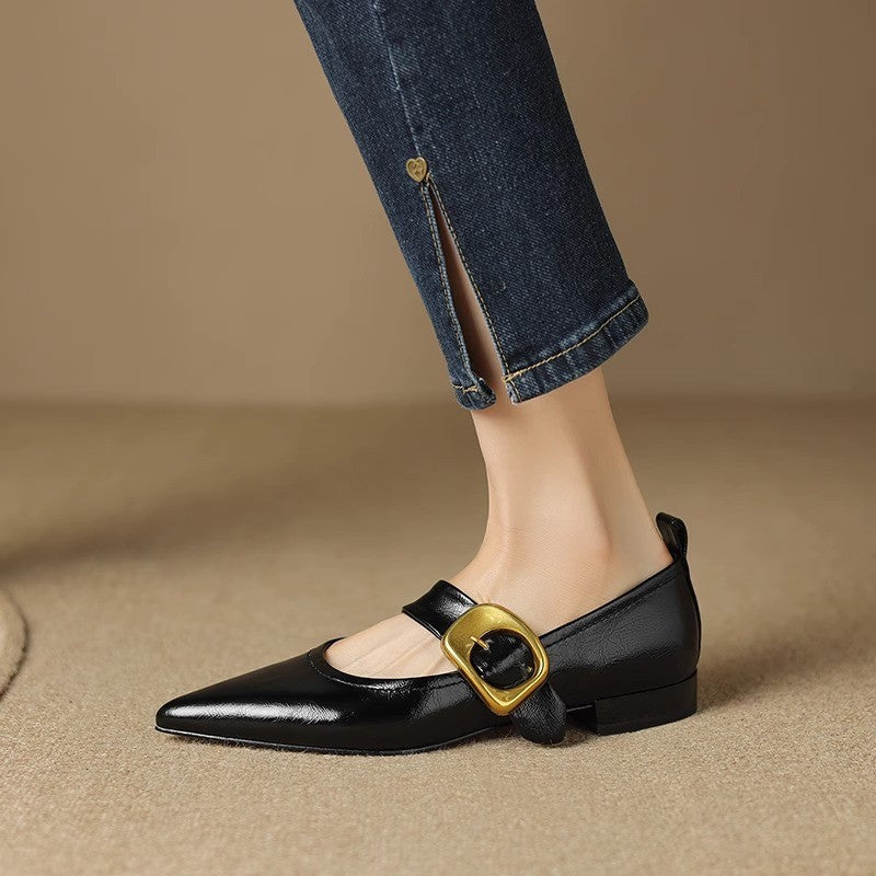 French Style Pointed Toe Low Heel Buckle Leather Shoes