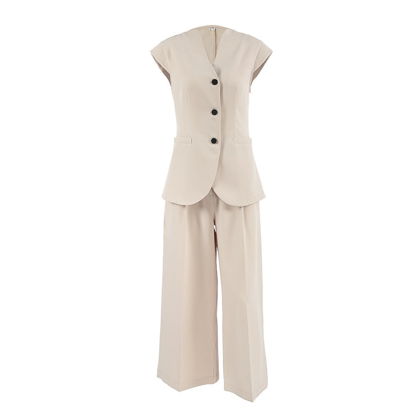 Khaki V-Neck Sleeveless Vest with High Waist Pants Suit