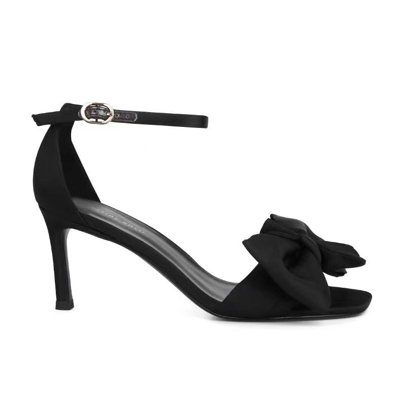 Elegant French Style Open-Toe Stilettos with Bow Strap