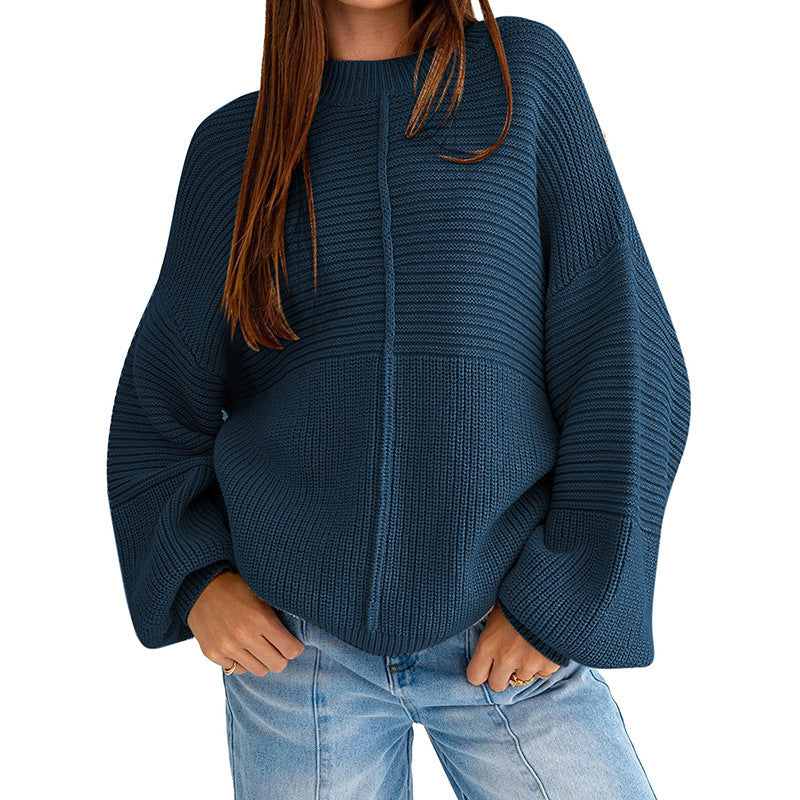 Solid Color Patchwork Round Neck Knit Pullover Sweater with Loose Lantern Sleeves