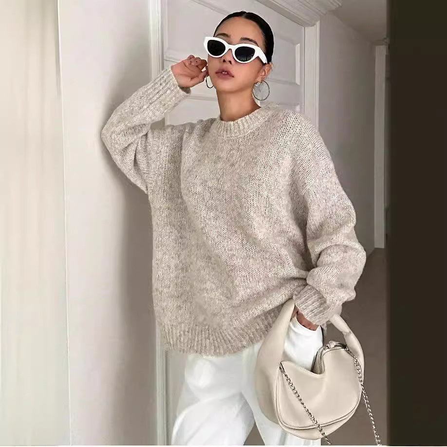 Women's Round Neck Long Sleeve Sweater with Drop-Shoulder Sleeves