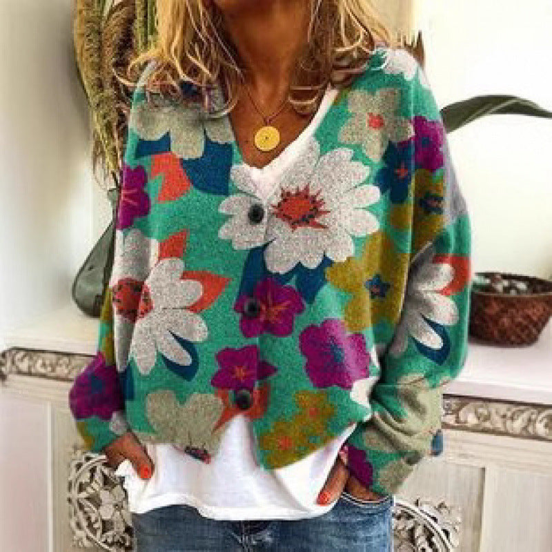 Women's Retro Floral Print Cardigan Sweater - Artistic and Colorful Design