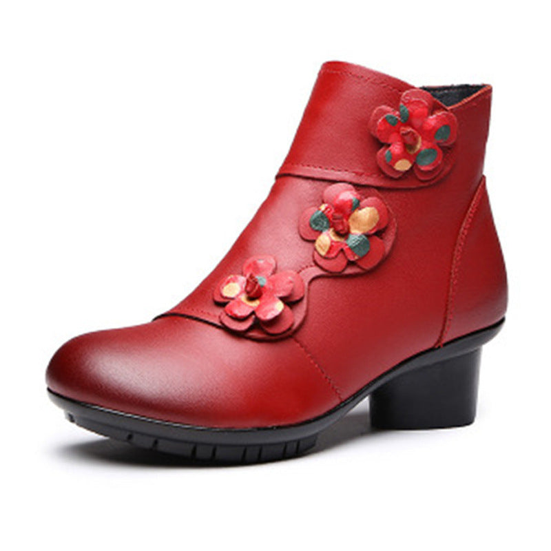 Ethnic Style Leather Mid-Heel Ankle Boots