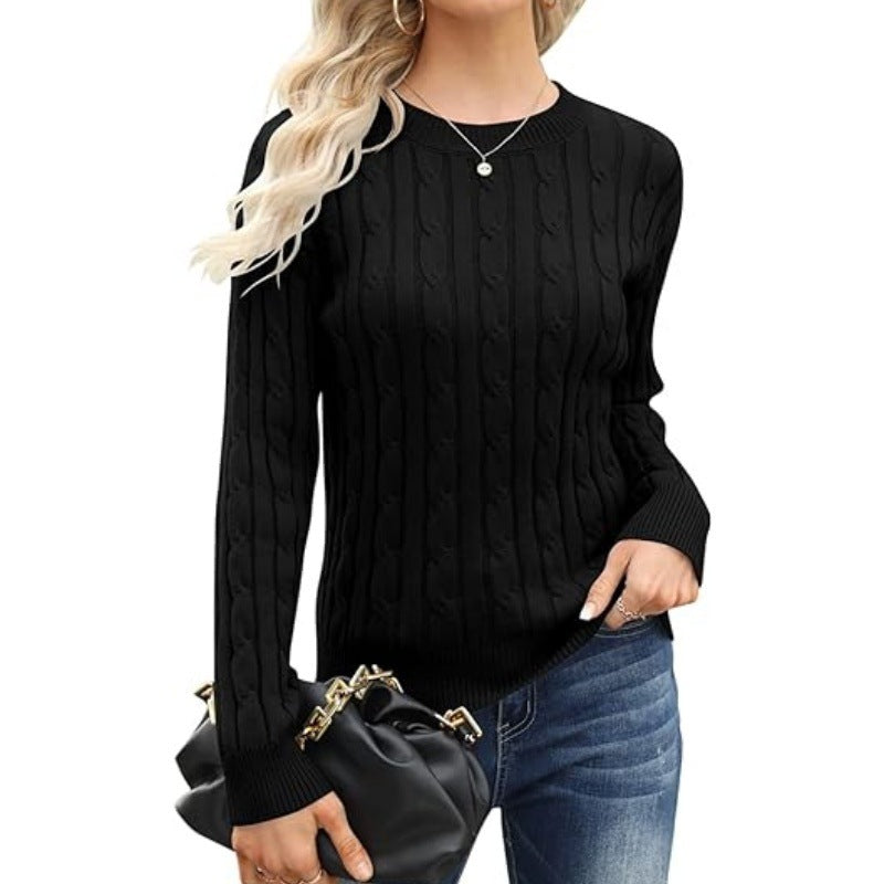 Solid Color Round Neck Pullover Sweater - Women's Long-Sleeve Base Layer