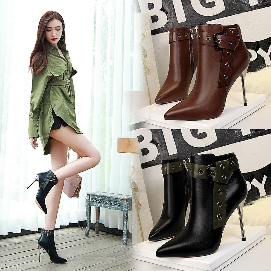 Pointed-Toe Studded Buckle Ankle Boots