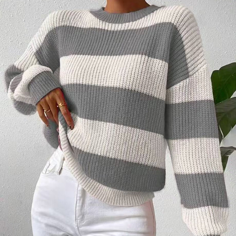 Women's Loose Fit Striped Sweater - Long Sleeve Pullover