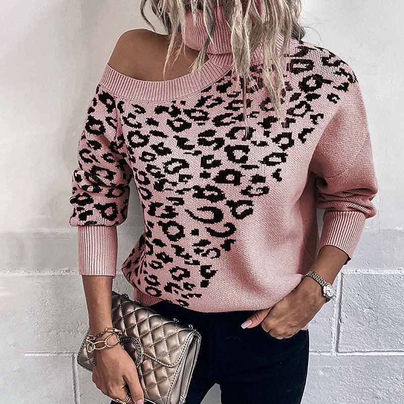 Leopard Print Studded Shoulder-Baring Sweater – Women's Long-Sleeved Autumn & Winter Style