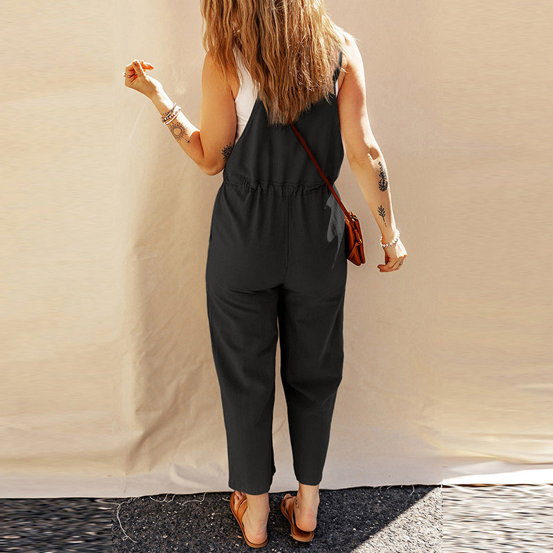 Solid Color Sleeveless Camisole Jumpsuit, Loose Fit