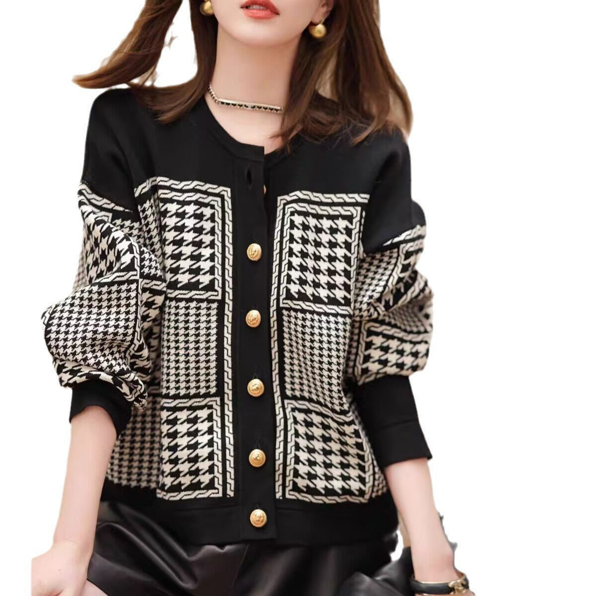 Plus Size Retro Houndstooth Knit Sweater for Women