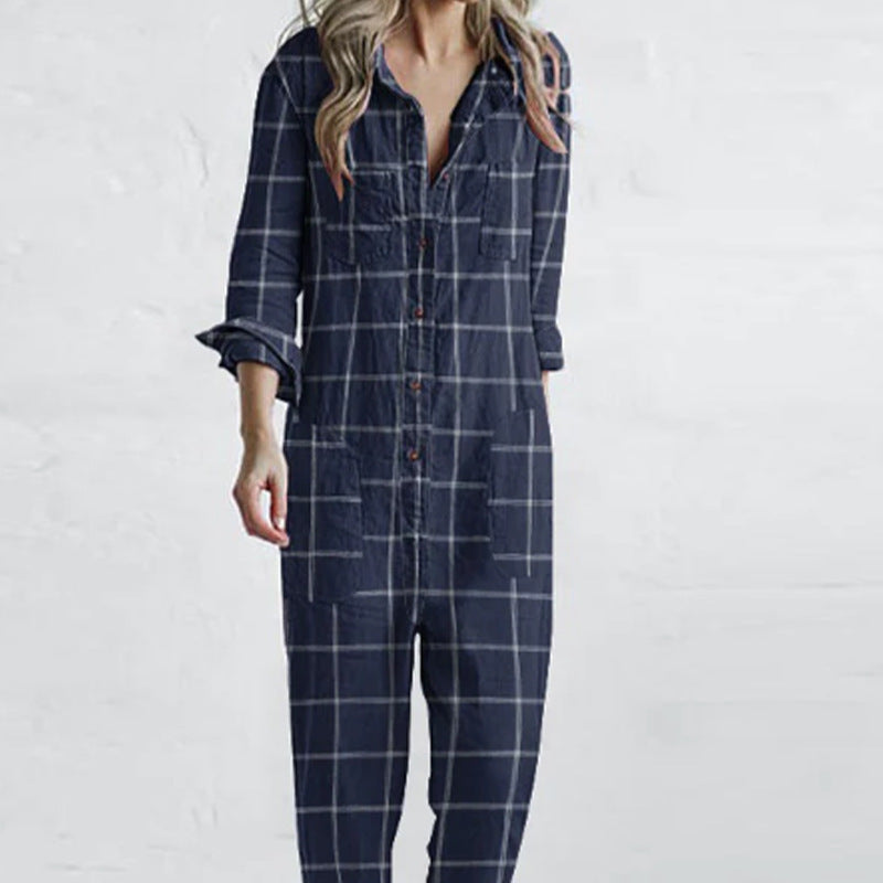 Plaid Printed Casual Relaxed Home Jumpsuit