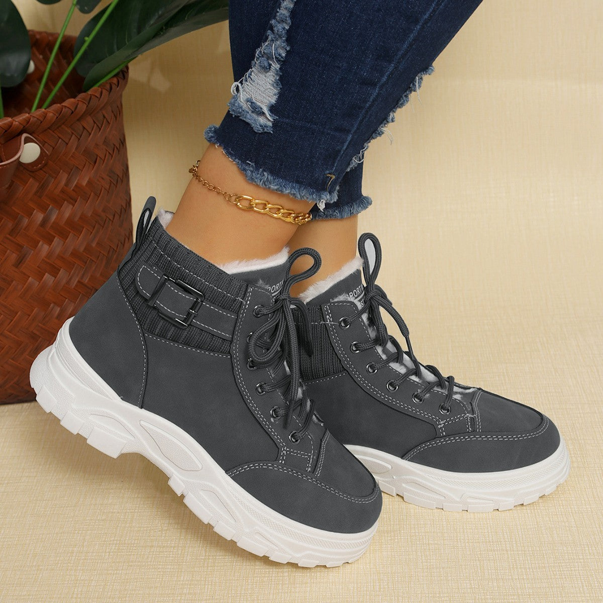 Cozy Plus Size Fleece-Lined High-Top Platform Boots for Women