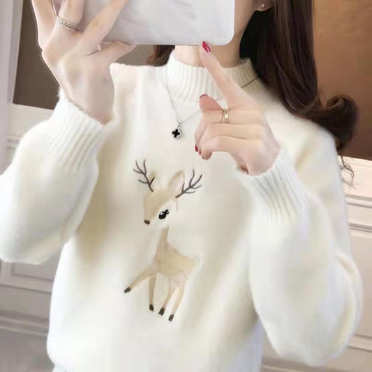 Women's Imitation Mink Mock Neck Sweater – Thickened Knitted Casual Bottoming Shirt for Students