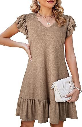 Women's V-Neck Ruffled Loose-Fit Waist Short Sleeve Dress