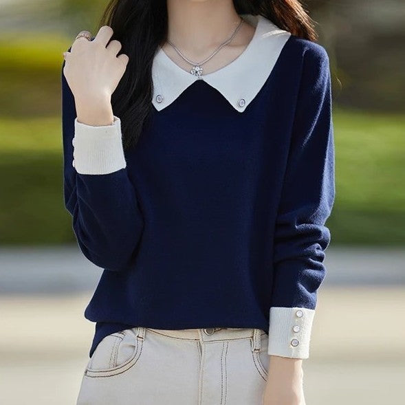 French-Inspired Contrast Color Lapel Bottoming Sweater for Women – Stylish and Trendy