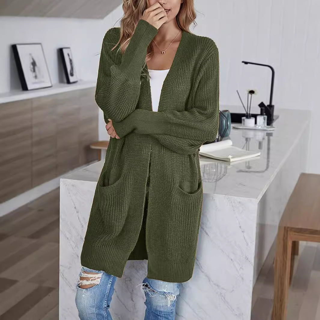 Women's Solid Color Knitted Sweater Cardigan Coat with Pockets