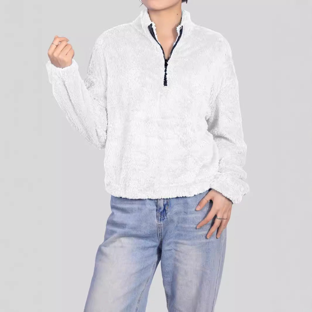 Thermal Half-High Collar Long Sleeve Top with Zipper Design – Loose and Casual Style