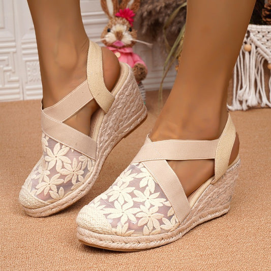 Women's Retro Wedge Shoes with Straw Mesh and Embroidered Design