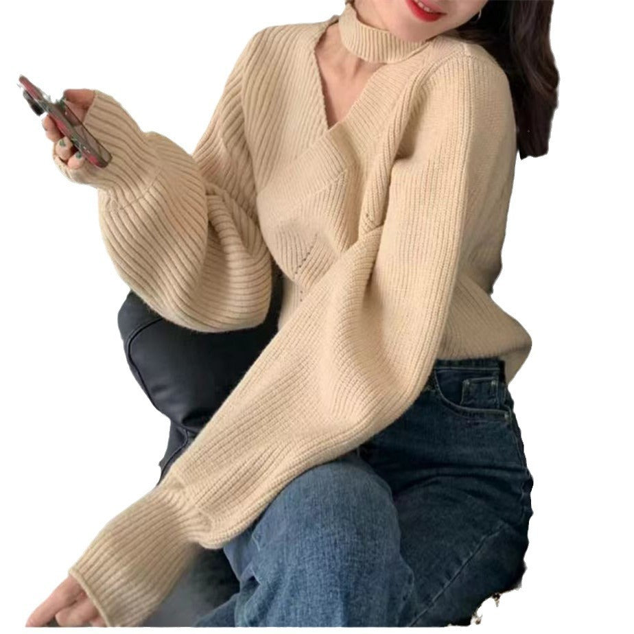 Halter Neck Knitted Sweater Top with Short Design for Women