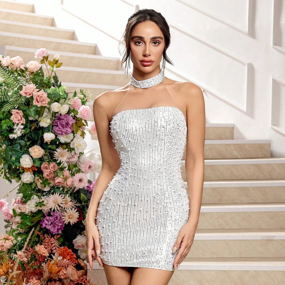 Fashion Solid Color Hollow-out Lace Evening Dress