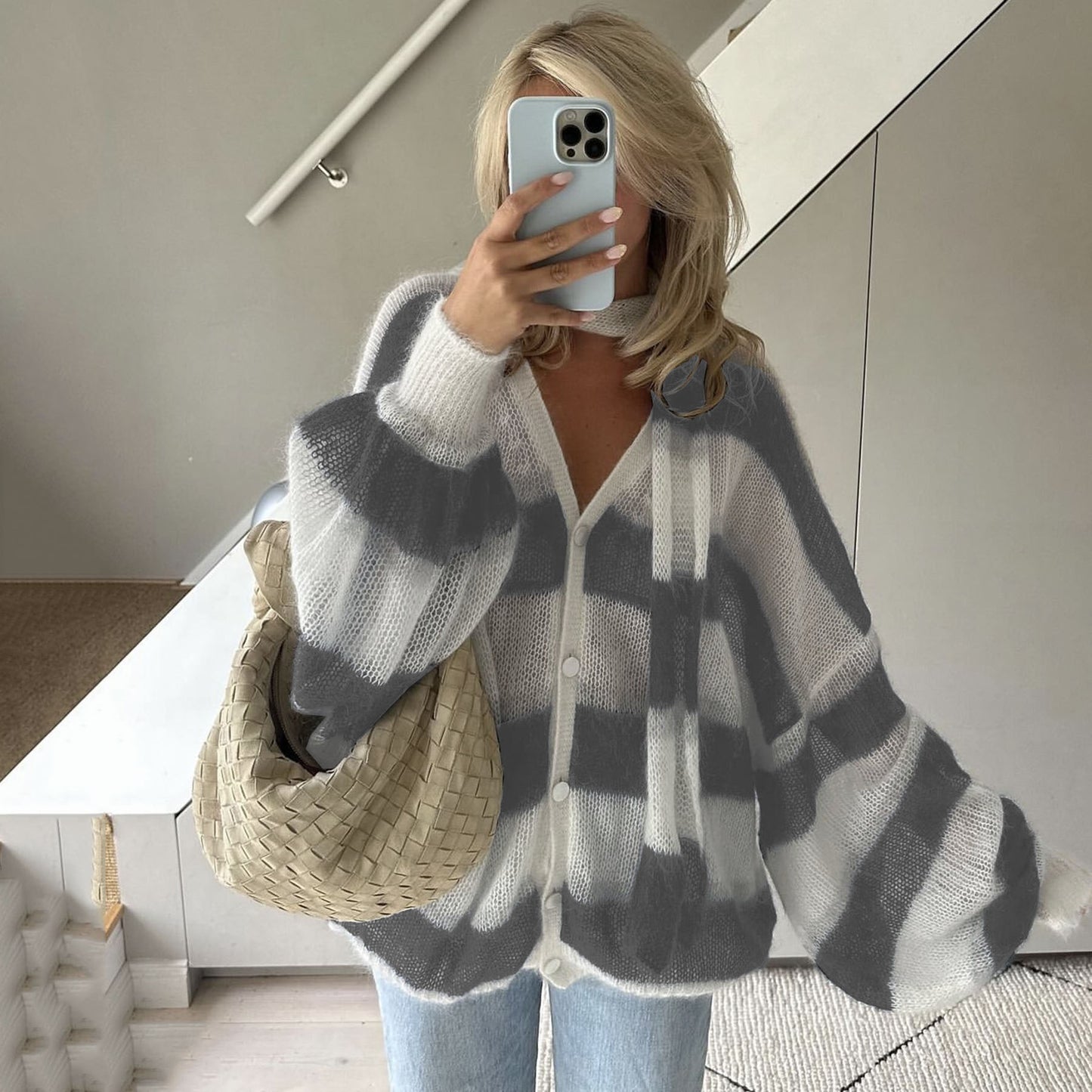 Loose and Casual Striped Sweater Cardigan with Scarf