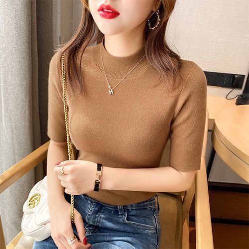 Solid Color Mock-Neck Mid-Length Sleeve Tight-Fitting Bottoming Shirt for Women