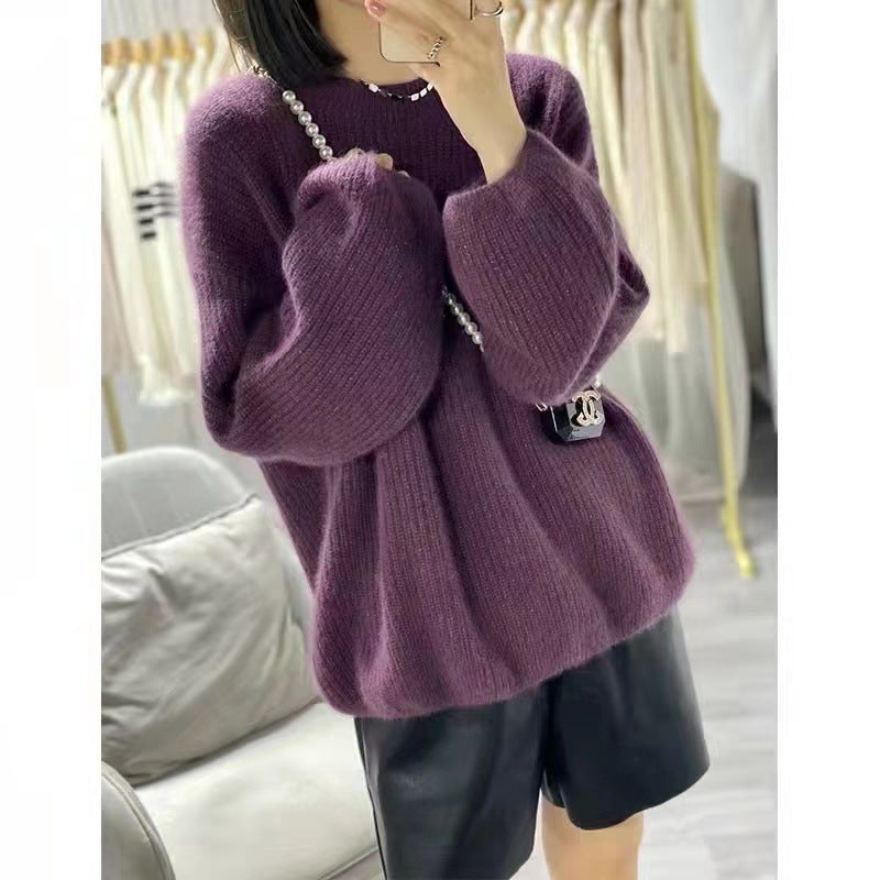 Round Neck Lantern Sleeve Knitted Sweater in Lazy Style