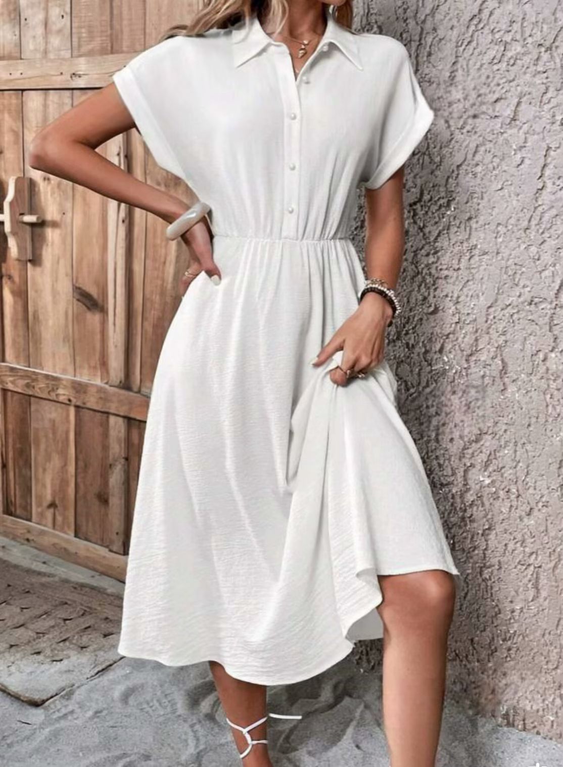 Women's Midi Dress Shirt Collar Short Sleeve Fashion