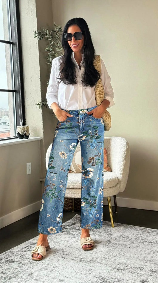Women's Boho Floral Print Wide Leg Jeans, Denim With All-Over Flower Pattern, Casual Summer Pants